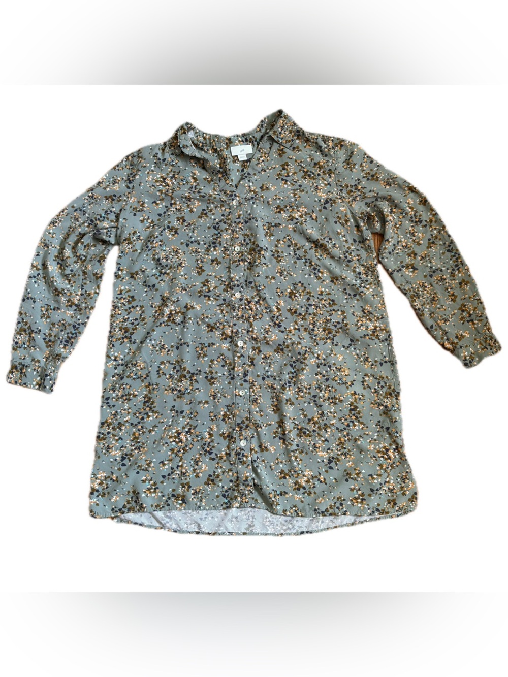 J Jill Sage Green Floral Rayon Long Blouse Tunic Top Mini Shirt Dress Size M
